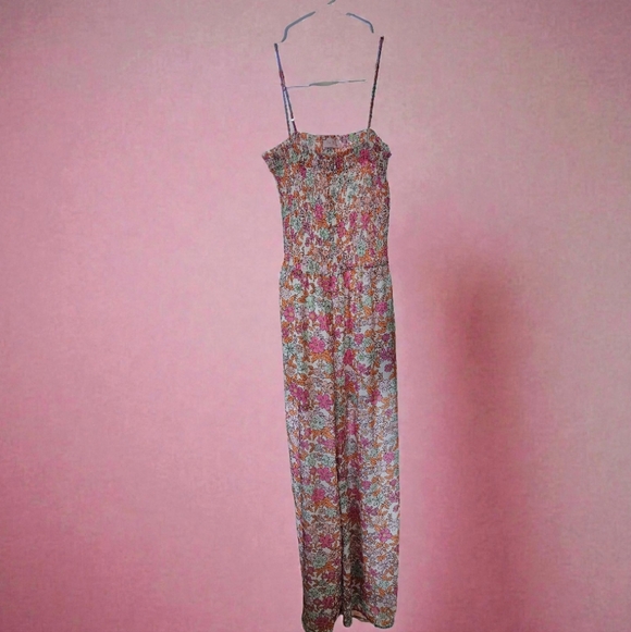 Pink Lily Floral Smocked Wide Leg Jumpsuit S Boho Spring Summer - Picture 3 of 4